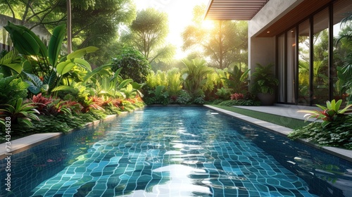 paradise dreamy swimming pool surrounded by tropical plants and flowers. Generative AI. photo