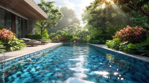 paradise dreamy swimming pool surrounded by tropical plants and flowers. Generative AI.
