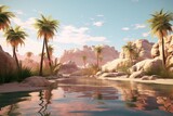 A desert oasis scene complete with a mirage and palm trees