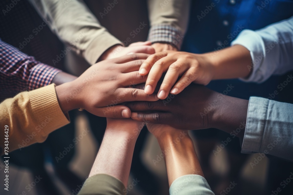 People putting hands together indoors unity. Teamwork cooperation team support. Generate Ai People putting hands together indoors unity. Teamwork cooperation team support. Generate Ai
