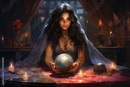 Gypsy female fortune teller guessing future at the table with magic crystal ball. Illustration, aquarelle. AI Generated  photo
