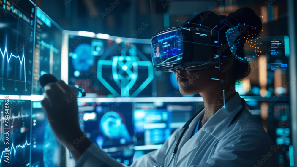 Medicine doctor using VR and digital interface, futuristic style. Medicine doctor using VR and digital interface, futuristic style.