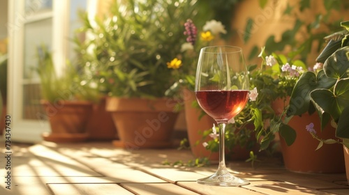 Glass of wine on a sun-drenched patio, surrounded by potted plants generative ai