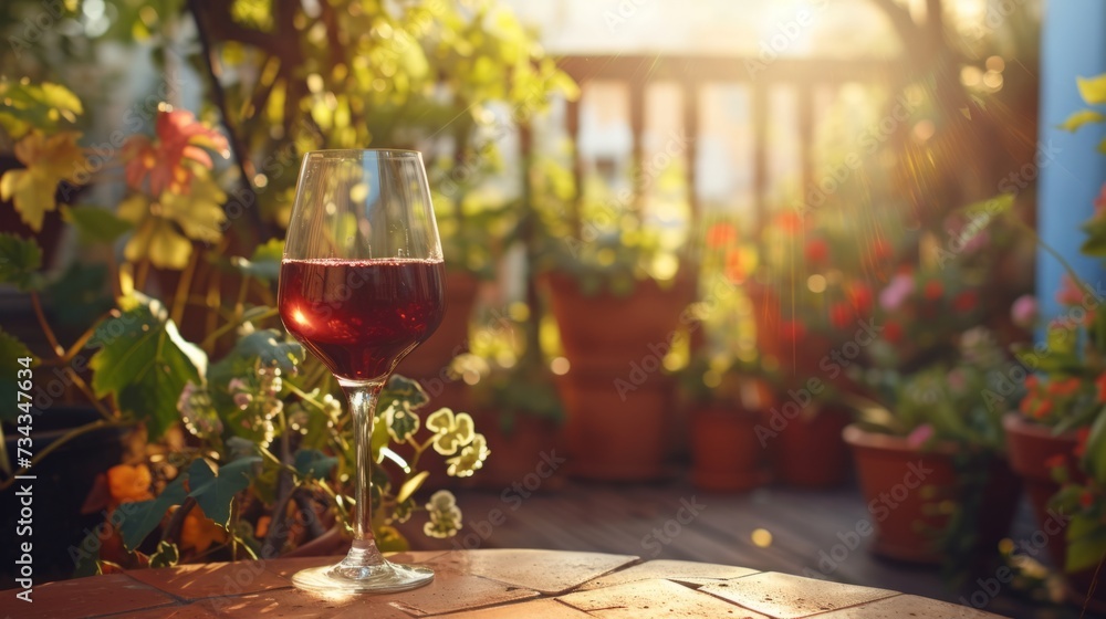 Fototapeta premium Glass of wine on a sun-drenched patio, surrounded by potted plants generative ai