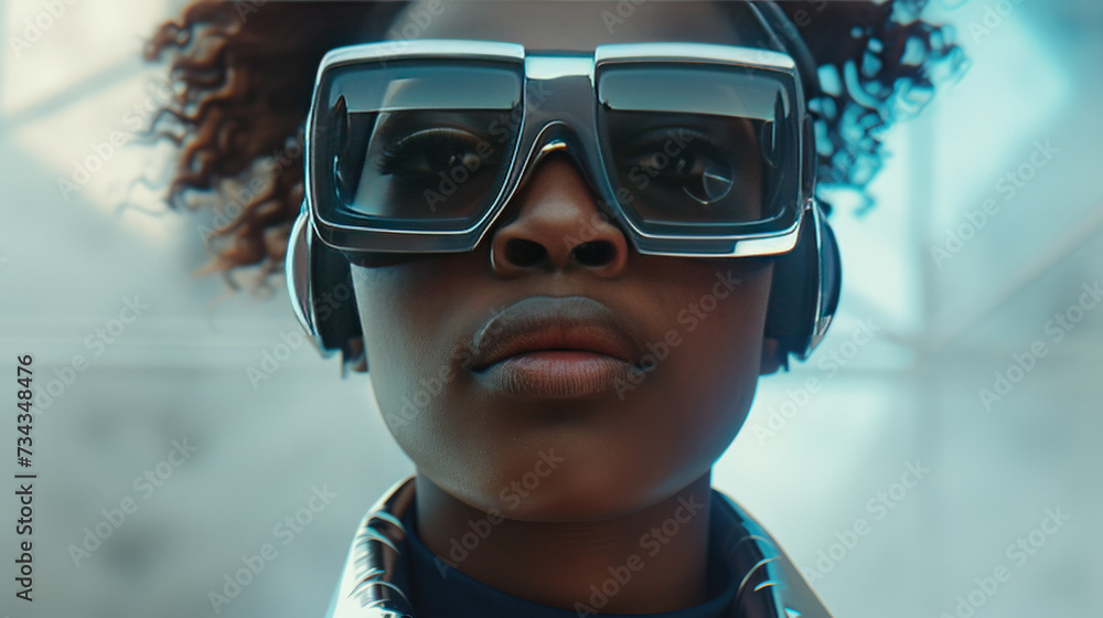 Stylish woman experiencing virtual reality headset and spatial computing, futuristic tech concept. Stylish woman experiencing virtual reality headset and spatial computing, futuristic tech concept.