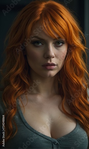 Intense Redhead Woman with Green Eyes and Curly Hair Portrait