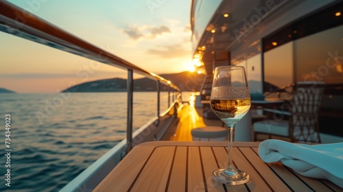 Wine glass on a yacht deck during a golden hour cruise  generative ai