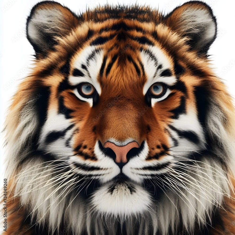 Obraz premium Portrait of a tiger facing the front of the camera, growling, direct eye contact, animal world, surrealism, sharp contrast, 8k photorealism. Generative AI