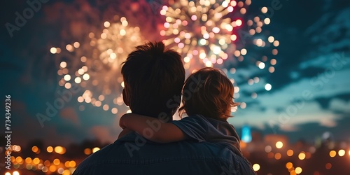 A dad with a child looks at fireworks in the night sky.