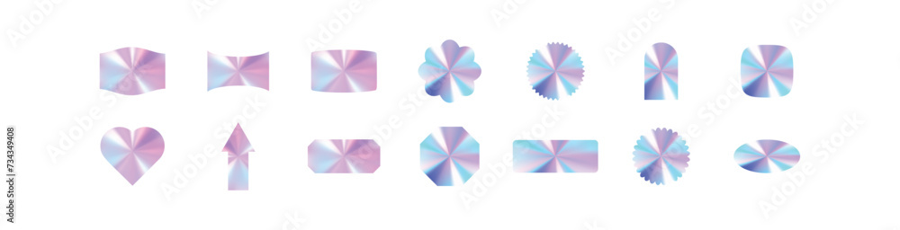 Y2K holographic sticker set hearts with chrome effect. Abstract shapes in hologram style. Flat vector illustration isolated on white background. Y2K holographic sticker set hearts with chrome effect. Abstract shapes in hologram style. Flat vector illustration isolated on white background.