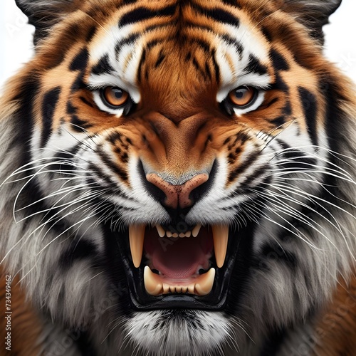 Portrait of a tiger facing the front of the camera  growling  direct eye contact  animal world  surrealism  sharp contrast  8k photorealism. Generative AI