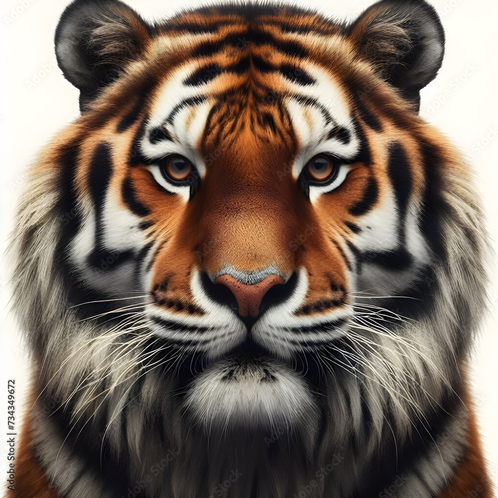 Portrait of a tiger facing the front of the camera, growling, direct eye contact, animal world, surrealism, sharp contrast, 8k photorealism. Generative AI