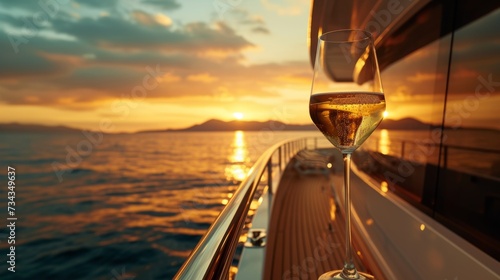Wine glass on a yacht deck during a golden hour cruise, generative ai © ThisDesign