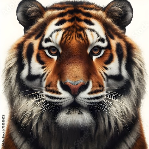 Portrait of a tiger facing the front of the camera, growling, direct eye contact, animal world, surrealism, sharp contrast, 8k photorealism. Generative AI © slowlife kim