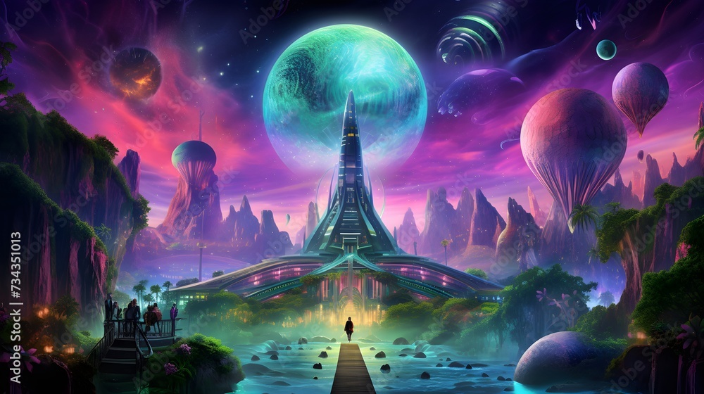futuristic disco utopia in an iridescent universe with jungle, healing waters for album art in light purple pink blue and lime green hues in dmt vision