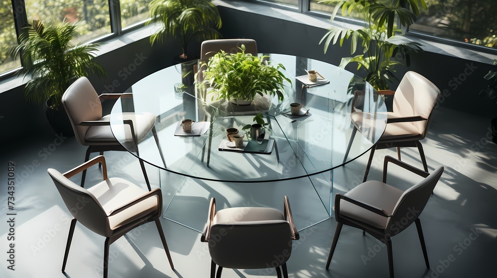 An overhead shot of a minimalist meeting room with a round glass table and transparent chairs. The room is bathed in natural light, highlighting the simplicity and elegance of the furniture