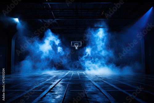 dark and dramatic high school basketball court, basketball hoop, blue smoke photo