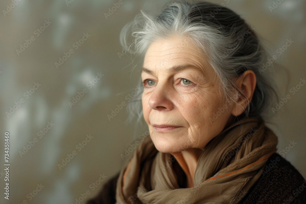 Indoor head shot portrait of serious positive old mature woman in casual looking away, posing at home, promoting retirement, elderly healthcare. Indoor head shot portrait of serious positive old mature woman in casual looking away, posing at home, promoting retirement, elderly healthcare.