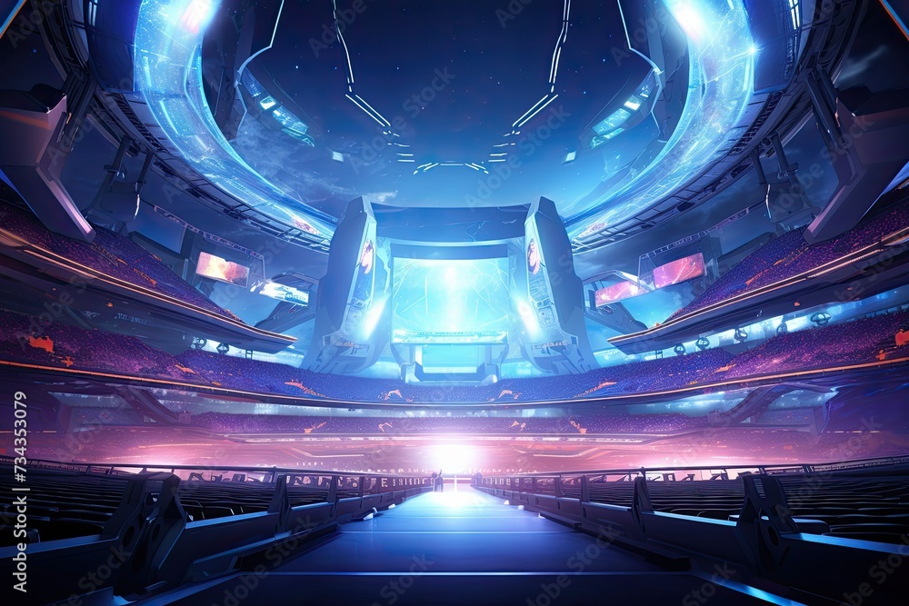 futuristic e-sport stadium background, blue led lights - obrazy, fototapety, plakaty 