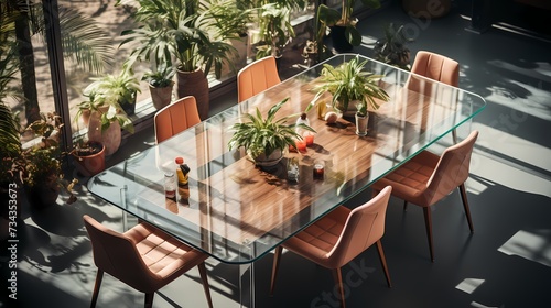 An overhead shot of a minimalist meeting room with a rectangular table and transparent chairs. The room is bathed in natural light, highlighting the simplicity and elegance of the furniture