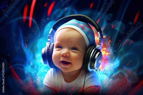 Photo a cute baby wearing headphone