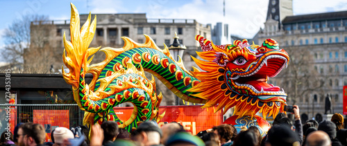 Fotografie Dragon dance during Chinese lunar year celebrations in London, England
