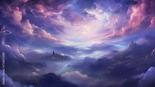 Swirls composed of stars, a blue and purple sky with stars and clouds, in the style of blurred landscapes, inspired by anime
