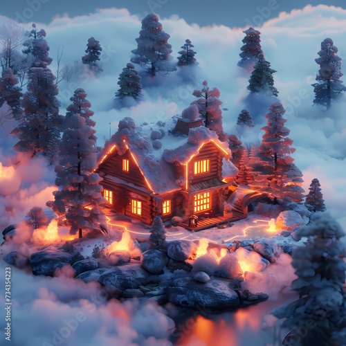 Enchanting Winter Wonderland Cabin Illuminated at Twilight