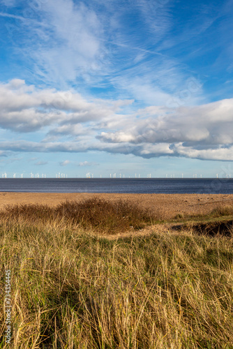 A view over Skegness beach on a sunny winter s day