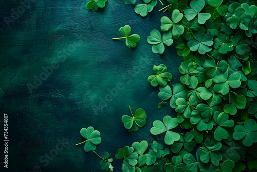 A cluster of vibrant green clover leaves against a dark green background