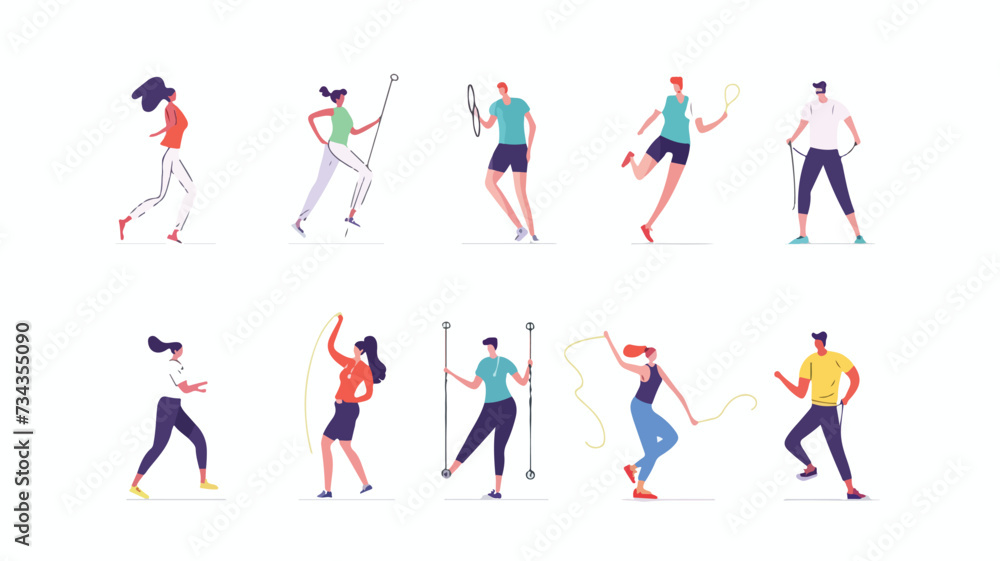 Men and women athletes doing exercises, working