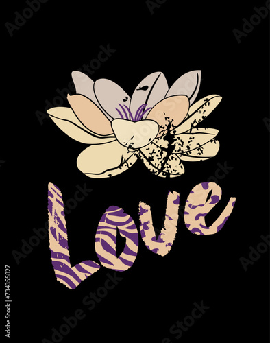Love. Lotus flower and word t-shirt design in animal print on a black background.