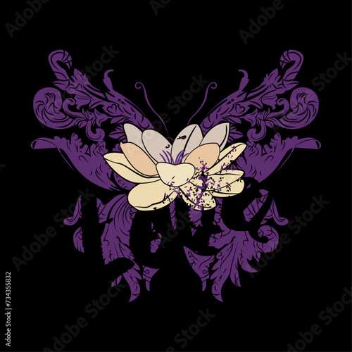  T-shirt design of lotus flower and abstract butterfly with arabesques on a black background.