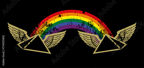 T-shirt design of two winged Egyptian pyramids joined by a multicolored rainbow on a black background. Gay pride.
