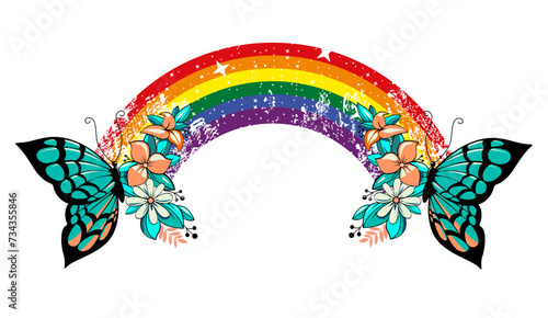 T-shirt design of two butterflies joined by a rainbow on a white background. Gay pride. photo
