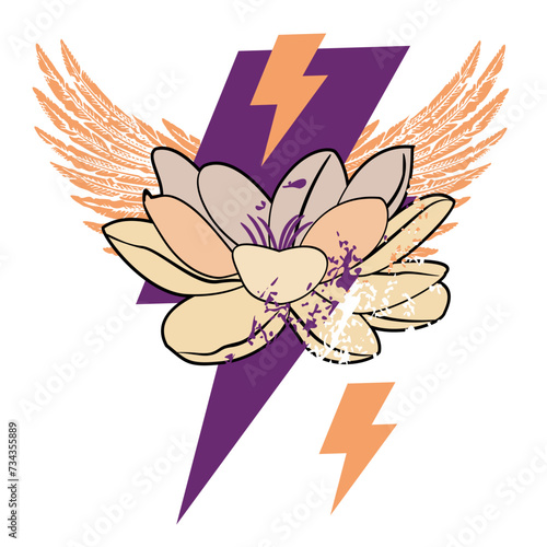 T-shirt design of a lotus flower, thunderbolt symbol and two wings in violet and orange colors on a white background.