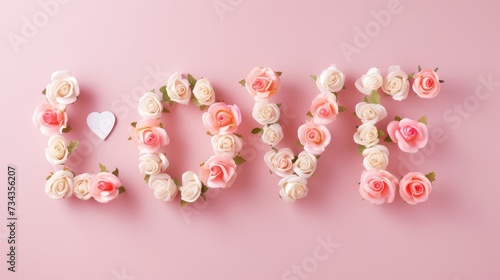 The word LOVE is made up of many pink rose flowers on a pink background