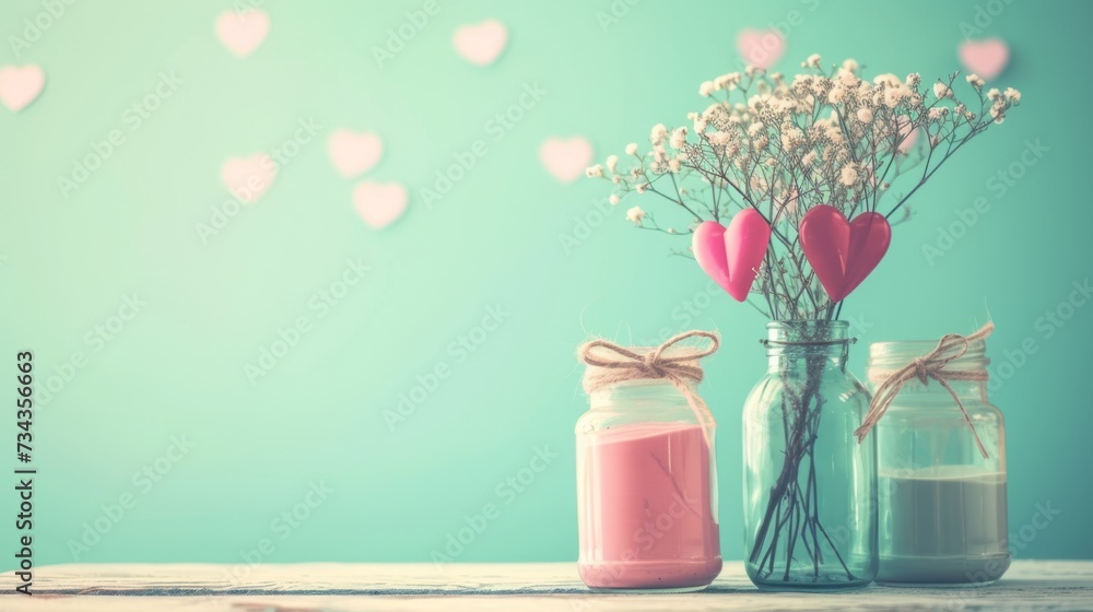 love concept with jars on a turquoise background, pastel toning generative ai love concept with jars on a turquoise background, pastel toning generative ai