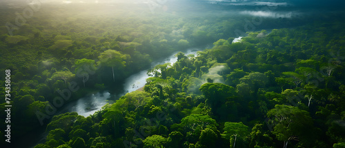 A breathtaking landscape of the Amazon jungle, featuring towering trees, lush vegetation, winding rivers, and a diverse array of wildlife
