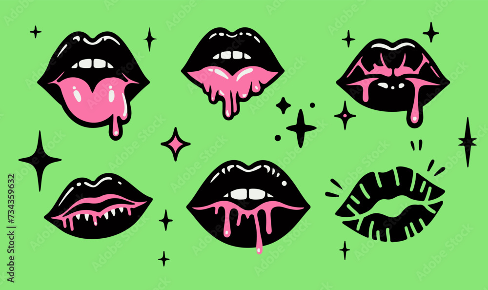 Trendy patch icons with black lips on green background. Set of stickers, pins, patches in cartoon gothic spooky style. Trendy patch icons with black lips on green background. Set of stickers, pins, patches in cartoon gothic spooky style.