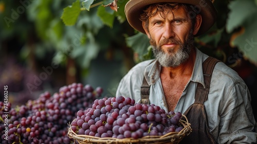 Cheerful bearded male farmer in glasses and hat smiling and inspecting bunch of fresh grapes