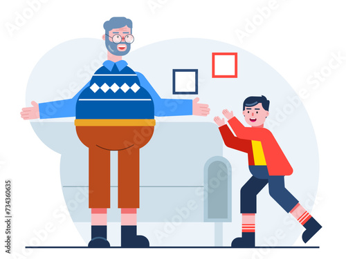 Elder man is kidding with her grandson. Senior citizen vector illustration.