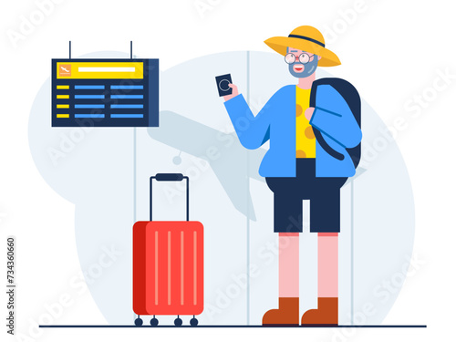 Aged man checking departure board waiting for their flight. Senior citizen vector illustration.