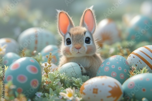 Colorful 3d illustration of cartoon Easter bilby or bunny with a lot of eggs around it. National Australian Easter symbol. 
