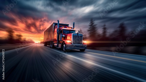 Commercial truck driving at dawn, glowing headlights cutting through winter's chill, symbolizing steadfast logistics and freight services