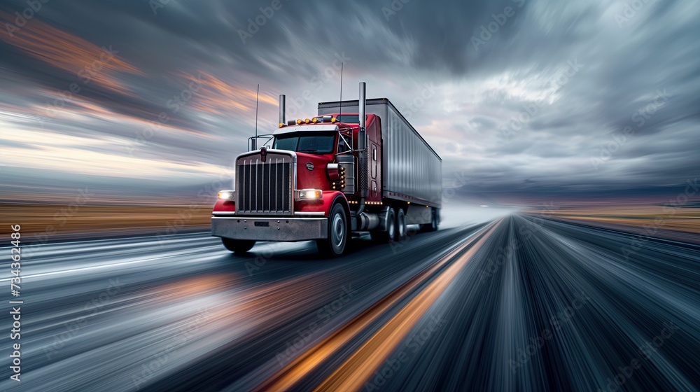 Commercial truck driving at dawn, glowing headlights cutting through winter's chill, symbolizing steadfast logistics and freight services
