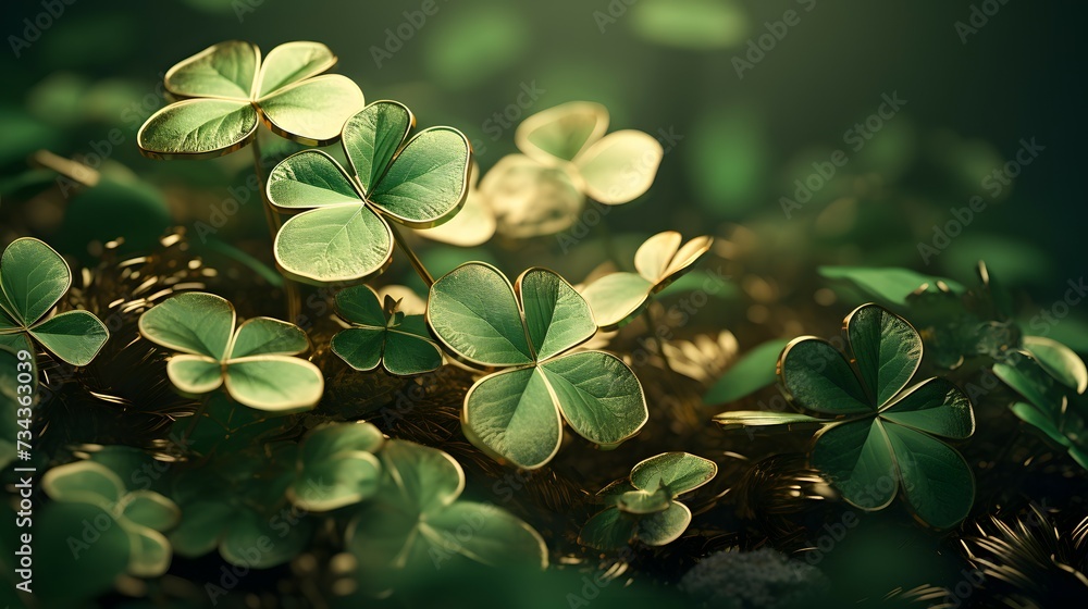 A pile of golden coins with intricate four-leaf clover designs, set against a dark green background A pile of golden coins with intricate four-leaf clover designs, set against a dark green background
