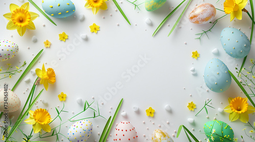 Colorful Spring: Colorful Easter Eggs and Narcissus Flowers with Blades of Grass Filigree, Creating a Frame on a White Background, Perfect Clipart for Creative Projects.