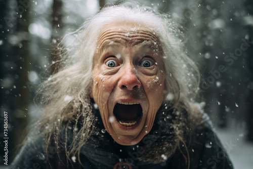 Crazy old woman screams in the snowy forest. Close up portrait of mad ugly granny with open mouth and tousled white hairs under the snowfall. 