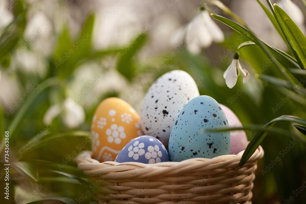 Colorful Easter Eggs in Basket on Spring Background